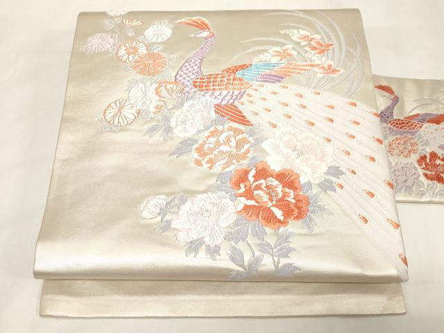 平和屋着物◎九寸名古屋帯 唐織 孔雀花文 銀糸 正絹 逸品 CABF6022dy