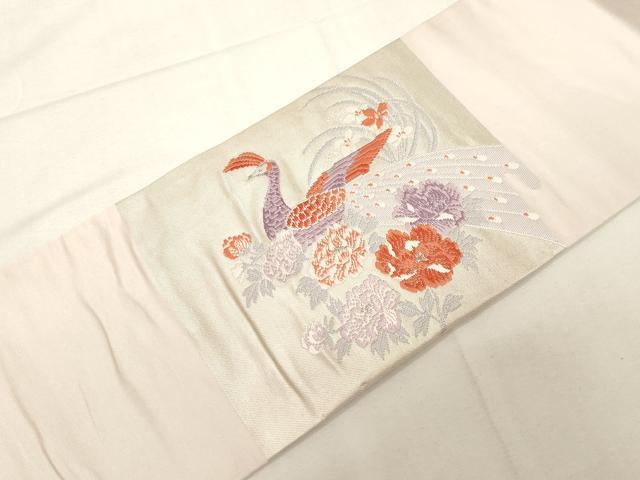 平和屋着物◎九寸名古屋帯 唐織 孔雀花文 銀糸 正絹 逸品 CABF6022dy