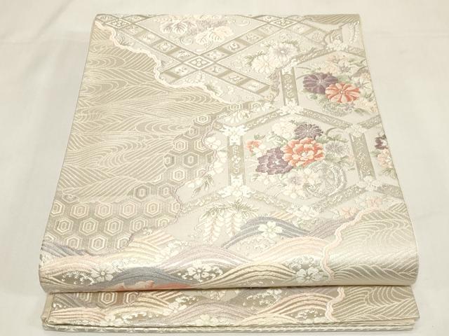 平和屋着物◎六通柄袋帯 唐織 道長花鳥文 銀糸 正絹 逸品 CABF6036dy
