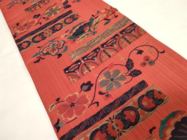 平和屋着物◎六通柄 本袋帯 横段草花文 正絹 逸品 未使用 CABF6040dy