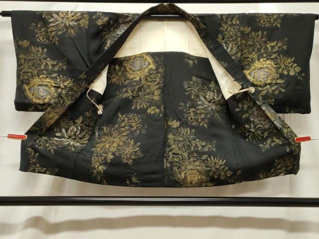 平和屋着物#羽織 寿光織 草花文 黒地 金銀糸 正絹 逸品 CABF6171dy
