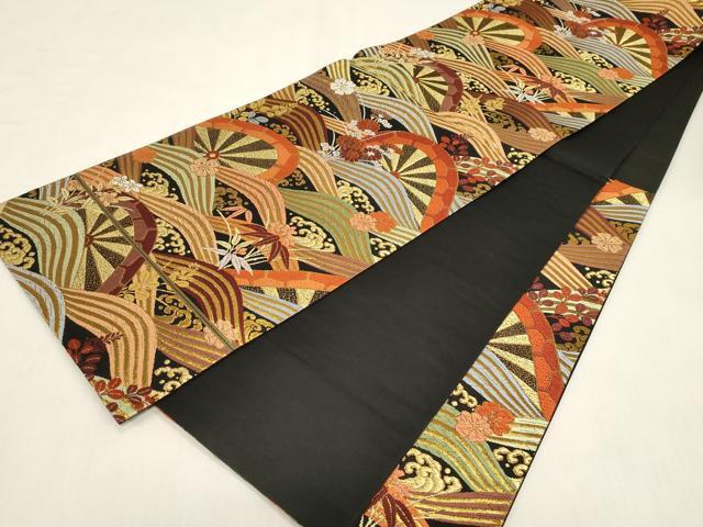 平和屋着物●六通柄袋帯 唐織 片輪車花文 黒地 金糸 正絹 逸品 CABF6288dy