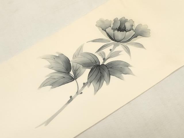 平和屋着物●塩瀬 九寸名古屋帯 手描き 草花文 正絹 逸品 CABF6322dy