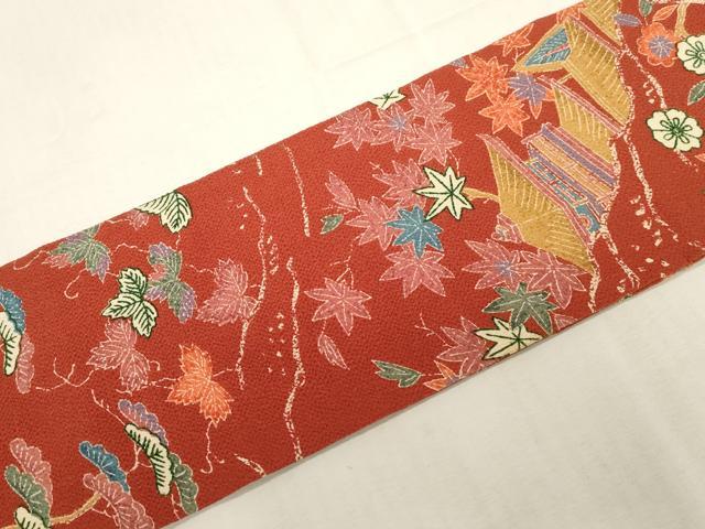 平和屋着物●全通柄九寸名古屋帯 型染め 風景文 鬼しぼ縮緬 正絹 逸品 CABF6323dy