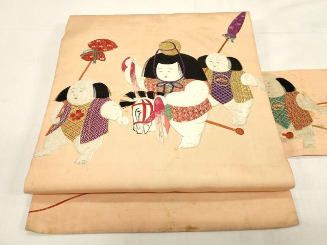 平和屋着物●アンティーク 大正ロマン 九寸名古屋帯 総手刺繍 童子 正絹 逸品 CABF6331dy
