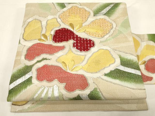 平和屋着物●アンティーク 大正ロマン 九寸名古屋帯 駒刺繍 草花文 金銀糸 正絹 逸品 CABF6332dy