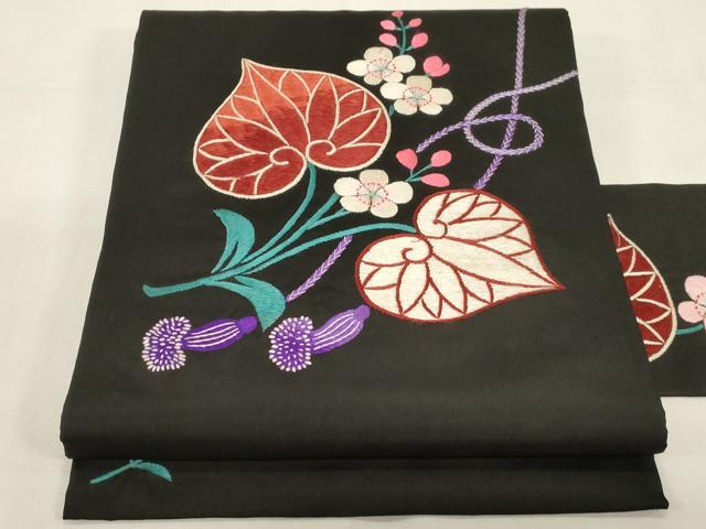 平和屋着物●アンティーク 大正ロマン 九寸名古屋帯 総手刺繍 草花文 葵 黒地 正絹 逸品 CABF6334dy