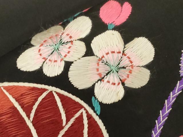 平和屋着物●アンティーク 大正ロマン 九寸名古屋帯 総手刺繍 草花文 葵 黒地 正絹 逸品 CABF6334dy