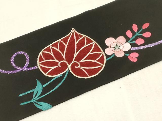 平和屋着物●アンティーク 大正ロマン 九寸名古屋帯 総手刺繍 草花文 葵 黒地 正絹 逸品 CABF6334dy