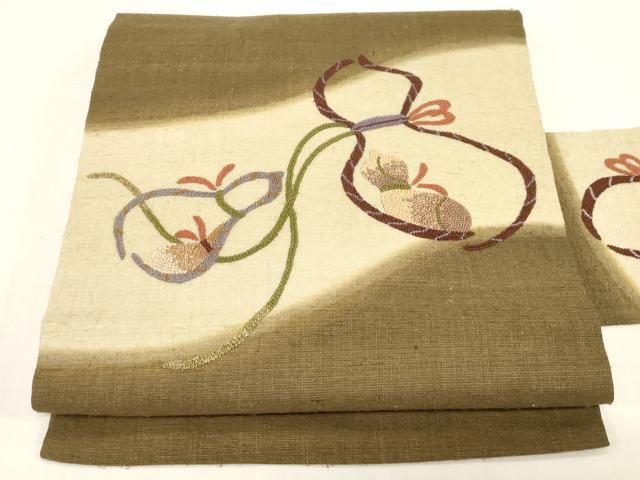 平和屋着物●中国三大刺繍 総相良刺繍 九寸名古屋帯 紬地 瓢箪 正絹 逸品 CABF6338dy