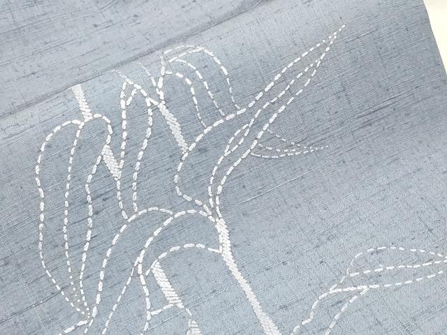 平和屋着物●九寸名古屋帯 紬地 総刺繍 刺し子 草木文 正絹 逸品 CABF6345dy