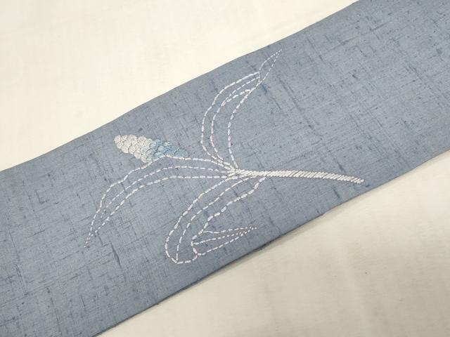 平和屋着物●九寸名古屋帯 紬地 総刺繍 刺し子 草木文 正絹 逸品 CABF6345dy