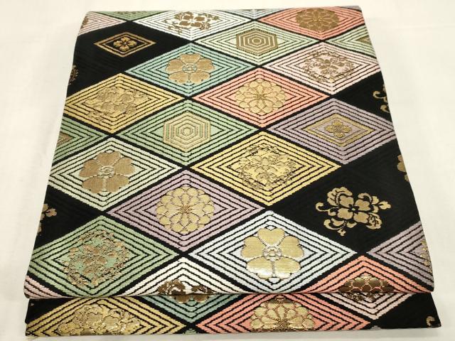 平和屋着物●九寸開き名古屋帯 唐織 菱花文 黒地 金糸 松坂屋扱い 正絹 逸品 CABF6348dy