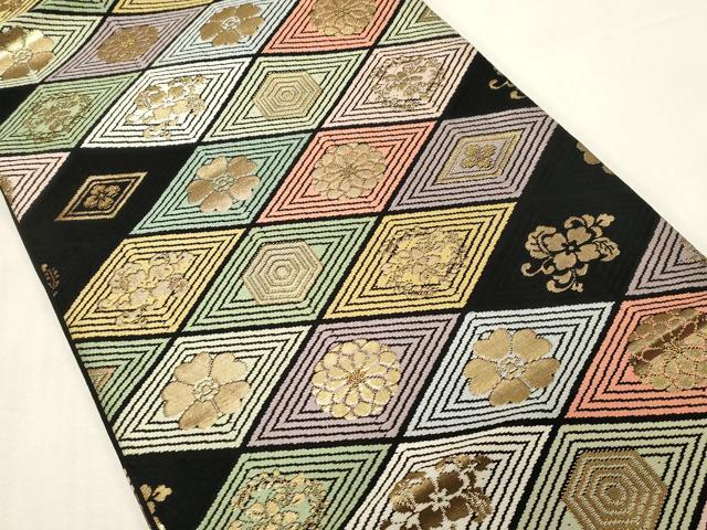 平和屋着物●九寸開き名古屋帯 唐織 菱花文 黒地 金糸 松坂屋扱い 正絹 逸品 CABF6348dy