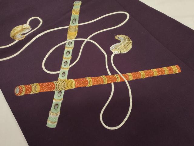 平和屋着物●塩瀬 九寸名古屋帯 総刺繍 笛 金糸 正絹 逸品 CABF6354dy