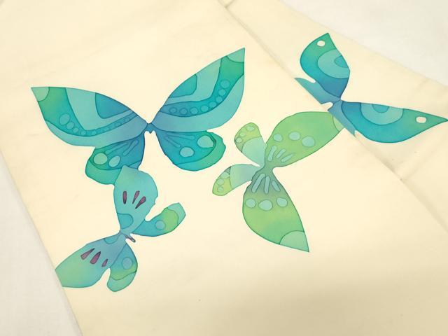 平和屋着物●塩瀬 九寸名古屋帯 手描き 舞蝶文 正絹 逸品 CABF6377dy