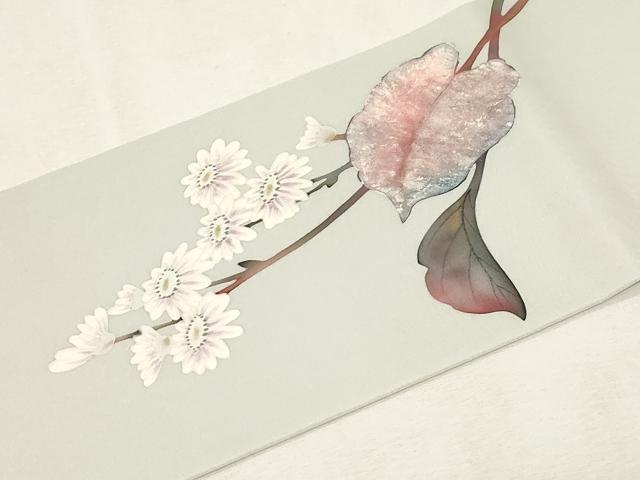 平和屋着物●塩瀬 九寸名古屋帯 作家物 手描き 草花文 金彩 正絹 逸品 CABF6384dy