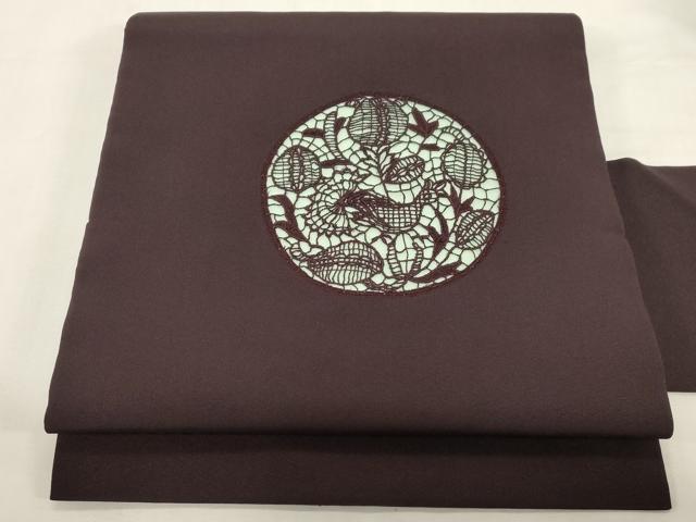 平和屋着物●九寸名古屋帯 総刺繍 花鳥丸文 黒紅色 正絹 逸品 CABF6390dy