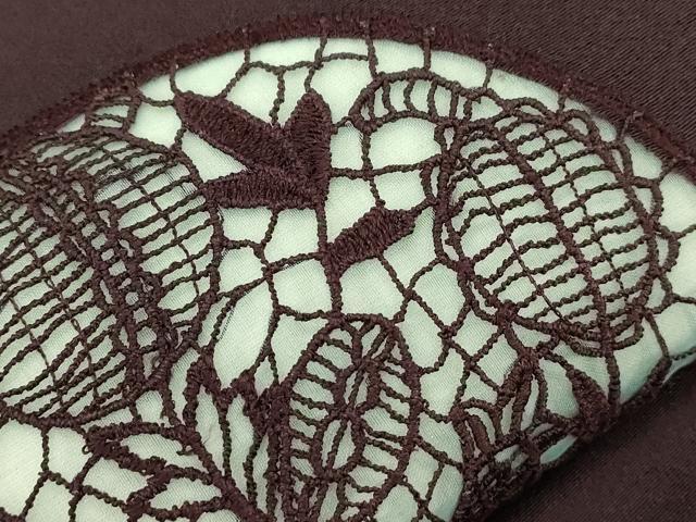 平和屋着物●九寸名古屋帯 総刺繍 花鳥丸文 黒紅色 正絹 逸品 CABF6390dy