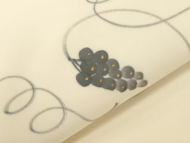 平和屋着物●塩瀬 九寸名古屋帯 作家物 手描き 葡萄蔦の葉花文 金彩 正絹 逸品 CABF6393dy