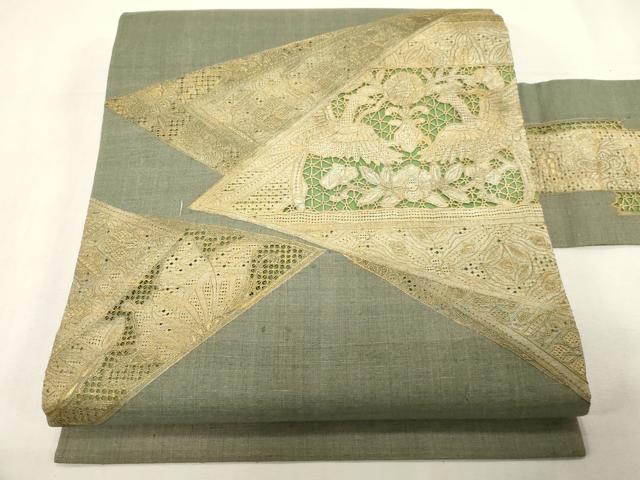 平和屋着物●中国三大刺繍 スワトウ刺繍 総刺繍 九寸名古屋帯 紬地 花蝶鳥文 金彩 正絹 逸品 CABF6394dy
