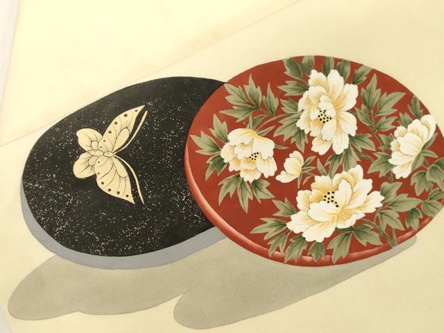 平和屋着物●塩瀬 九寸名古屋帯 手描き 花蝶文 正絹 逸品 CABF6398dy