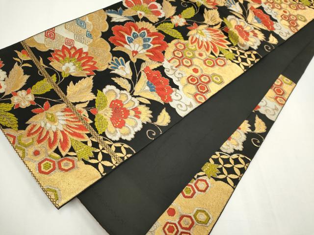 平和屋着物◎六通柄 本袋帯 唐織 更紗花文 黒地 金糸 正絹 逸品 CABF6409ou