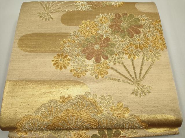 平和屋着物◎六通柄袋帯 扇面花松文 金糸 正絹 逸品 CABF6424ou