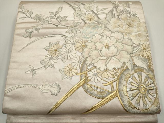 平和屋着物◎太鼓柄袋帯 総刺繍 花車文 金銀糸 正絹 逸品 CABF6432ou