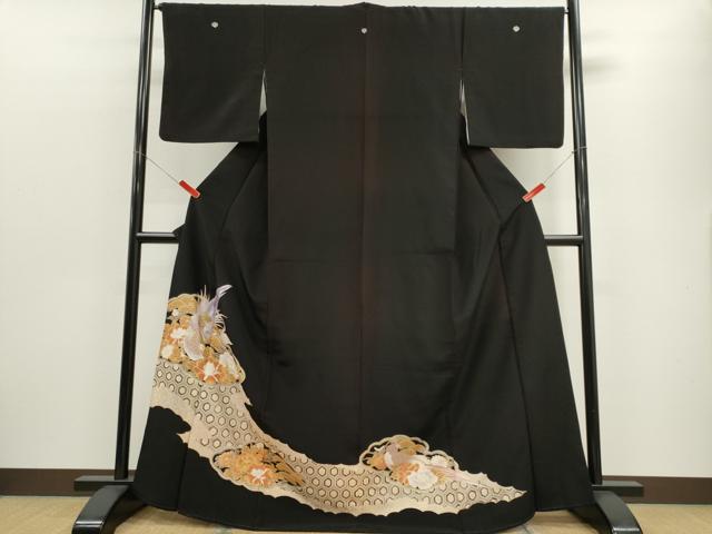 平和屋着物■黒留袖 尾長鳥花文 金彩 ロング丈 洗える着物 CABF6467ou