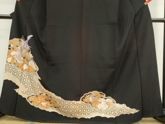 平和屋着物■黒留袖 尾長鳥花文 金彩 ロング丈 洗える着物 CABF6467ou
