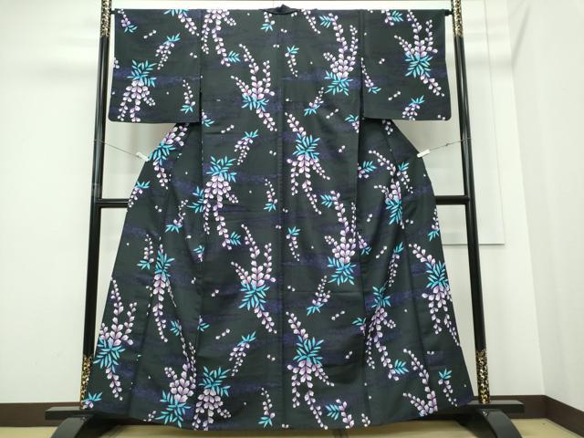 平和屋着物▽小紋 単衣 藤花房 黒地 洗える着物 CABF6483ou