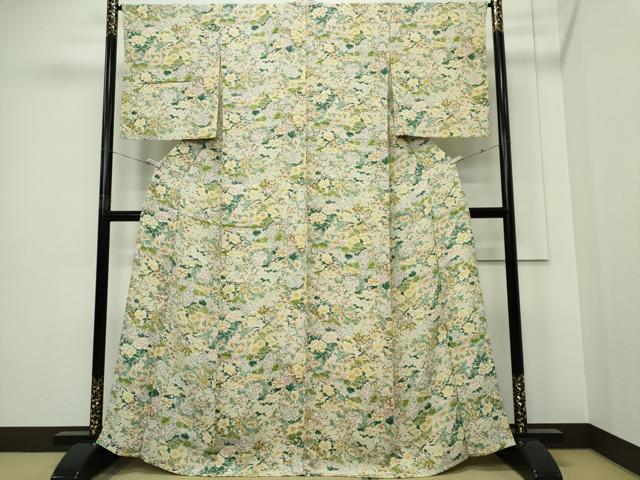 平和屋着物▽上質な小紋 単衣 草花文 鬼しぼ縮緬 正絹 逸品 CABF6499ou
