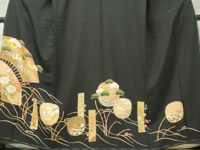 平和屋着物■豪華黒留袖 駒刺繍 扇面花松文 金彩 正絹 逸品 未使用 CABF6507ou