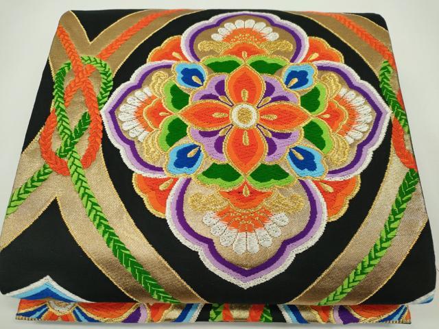 平和屋着物◎六通柄袋帯 唐織 正倉院花文 黒地 金銀糸 正絹 逸品 CABF6570ou