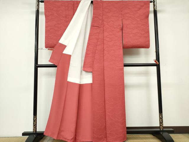 平和屋着物■上質な色無地 雲取り流水地紋 銀朱色 正絹 逸品 CABF6640ou