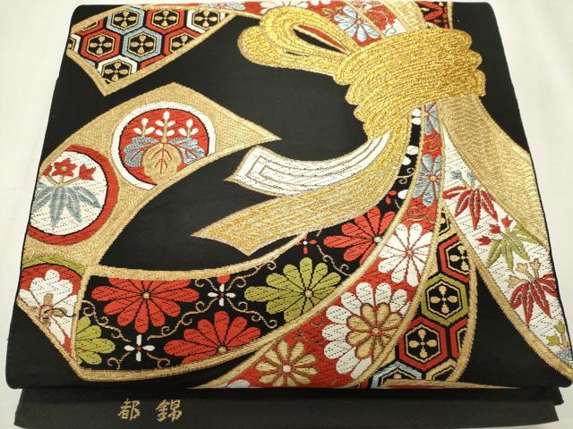 平和屋着物◎六通柄袋帯 唐織 都錦 束ね熨斗花文 黒地 金糸 正絹 逸品 CABF6660ou