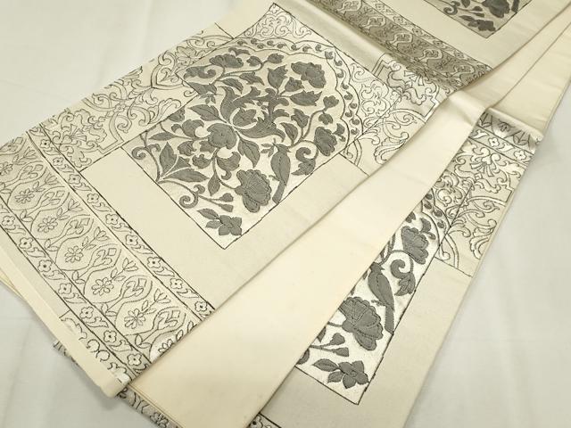 平和屋着物◎六通柄 京袋帯 花鳥文 銀糸 正絹 逸品 CABF6677ou
