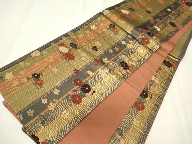 平和屋着物◎六通柄袋帯 唐織 草花間道 金糸 正絹 逸品 CABF6699ou