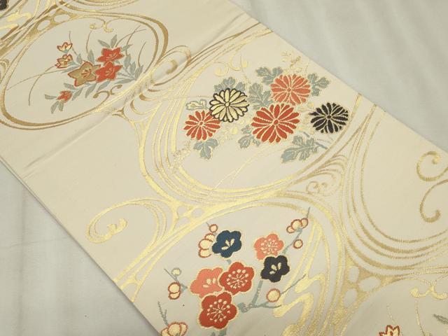 平和屋着物◎六通柄袋帯 唐織 流水花文 金糸 正絹 逸品 CABF6704ou