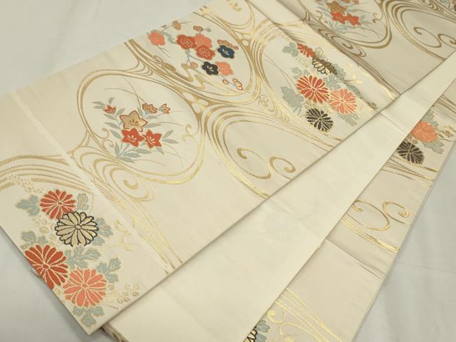 平和屋着物◎六通柄袋帯 唐織 流水花文 金糸 正絹 逸品 CABF6704ou