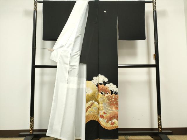 平和屋着物■豪華黒留袖 駒刺繍 孔雀松文 金彩 正絹 逸品 CABF6783ou
