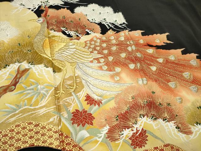 平和屋着物■豪華黒留袖 駒刺繍 孔雀松文 金彩 正絹 逸品 CABF6783ou