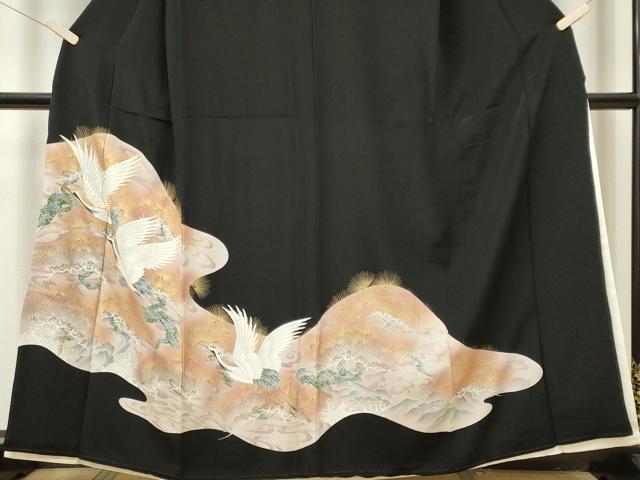平和屋着物■豪華黒留袖 駒刺繍 飛鶴松文 金銀彩 正絹 逸品 CABF6786ou