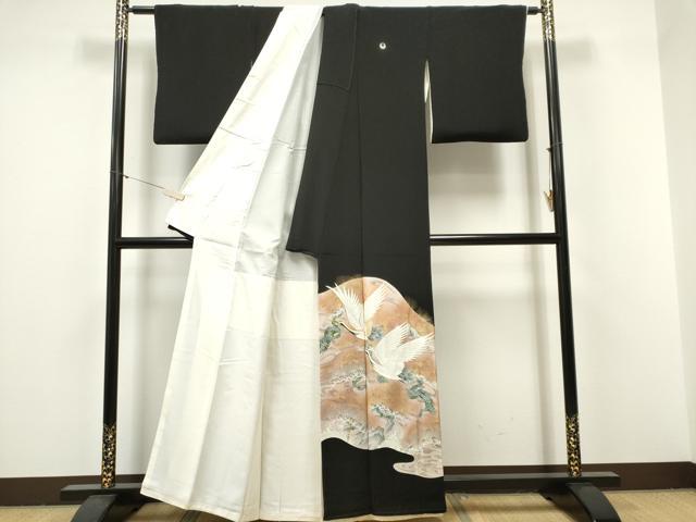 平和屋着物■豪華黒留袖 駒刺繍 飛鶴松文 金銀彩 正絹 逸品 CABF6786ou