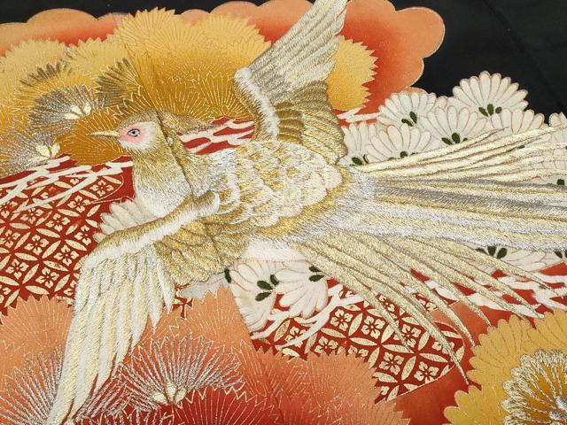 平和屋着物■豪華黒留袖 刺繍 鳳凰松葉文 金彩 正絹 逸品 CABF6925fb