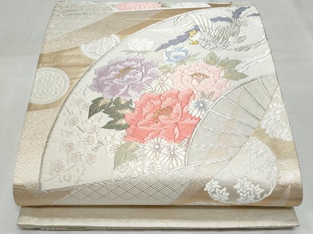 平和屋着物◎六通柄袋帯 唐織 扇面鳳凰花文 金銀糸 正絹 逸品 CABF7055fb