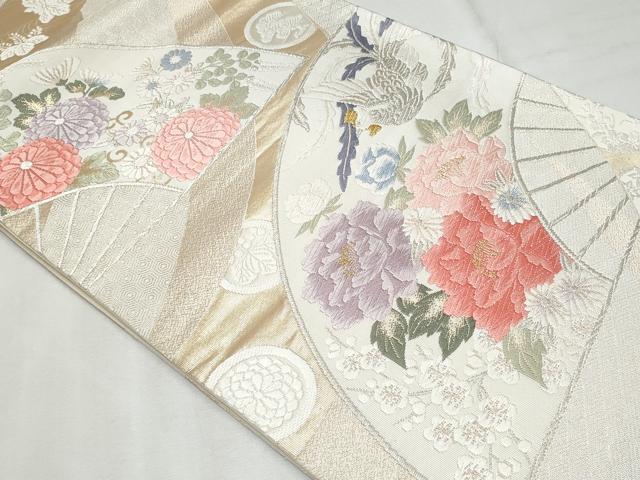 平和屋着物◎六通柄袋帯 唐織 扇面鳳凰花文 金銀糸 正絹 逸品 CABF7055fb