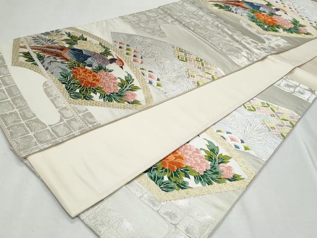 平和屋着物◎六通柄袋帯 唐織 地紙孔雀花文 金銀糸 正絹 逸品 CABF7056fb