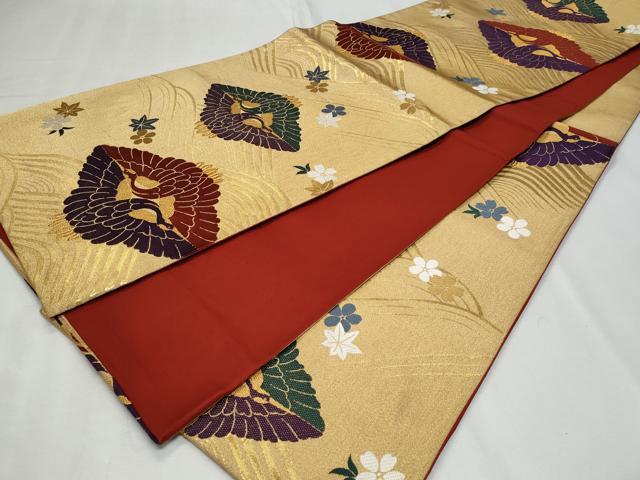 平和屋着物◎六通柄袋帯 唐織 立波双鶴花文 金糸 正絹 逸品 CABF7075fb